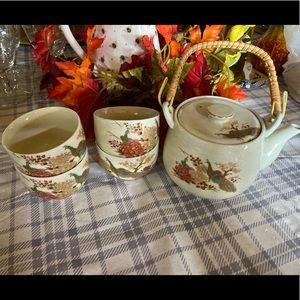 Vintage Japan tea set wicker peacock, Asian decor, chinoserie, thanksgiving